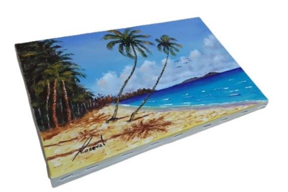 Quadro Praia Acrílica - Mar Azul Coqueiros Barco 14