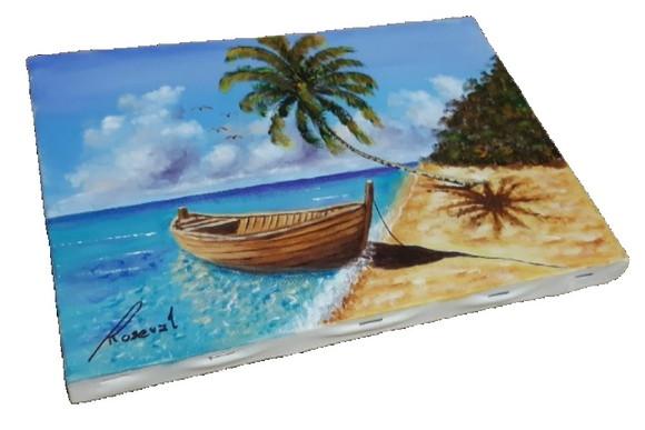 Quadro Praia Acrílica - Mar Azul Coqueiros Barco 15
