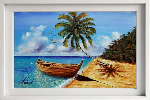 Quadro Praia Acrílica - Mar Azul Coqueiros Barco 15