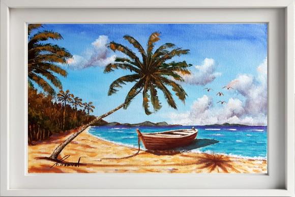 Quadro Praia Acrílica - Mar Azul Coqueiros Barco 16