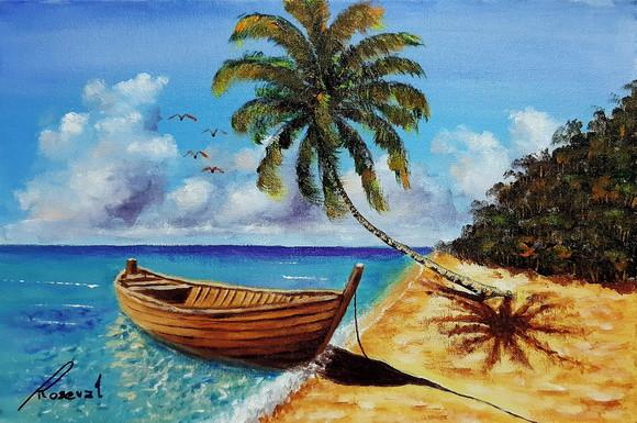 Quadro Praia Acrílica - Mar Azul Coqueiros Barco 15