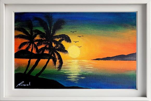 Quadro Praia Acrílica - Por do Sol Coqueiros Barco 3