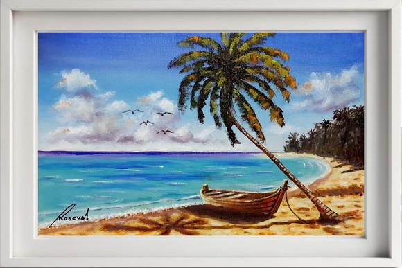 Quadro Praia Acrílica - Mar Azul Coqueiros Barco 17
