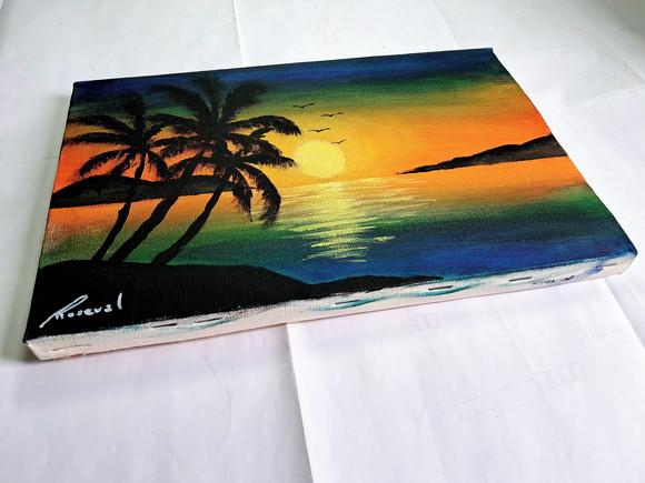Quadro Praia Acrílica - Por do Sol Coqueiros Barco 3