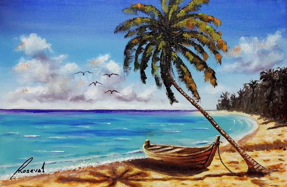 Quadro Praia Acrílica - Mar Azul Coqueiros Barco 17