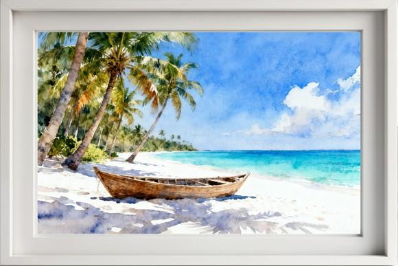 Quadro Praia Aquarela - Mar Azul Coqueiros Barco 19
