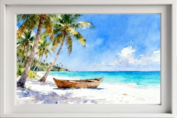 Quadro Praia Aquarela - Mar Azul Coqueiros Barco 21