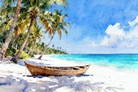 Quadro Praia Aquarela - Mar Azul Coqueiros Barco 19
