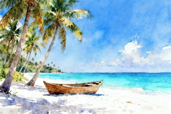 Quadro Praia Aquarela - Mar Azul Coqueiros Barco 21
