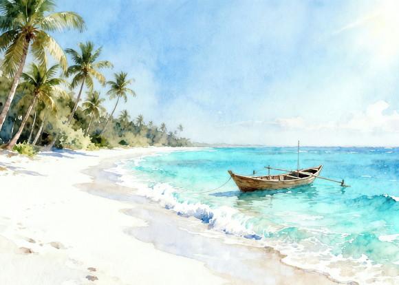 Quadro Praia Aquarela - Mar Azul Coqueiros Barco 32