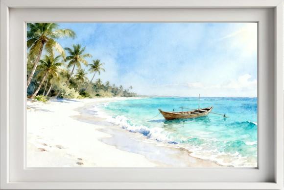 Quadro Praia Aquarela - Mar Azul Coqueiros Barco 32