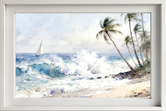Quadro Praia Aquarela - Mar Azul Coqueiros Barco 33