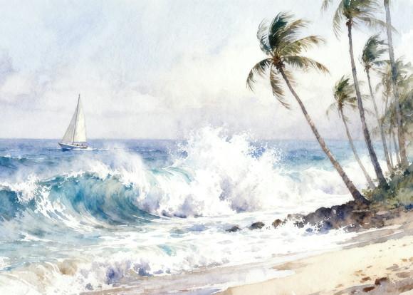 Quadro Praia Aquarela - Mar Azul Coqueiros Barco 33