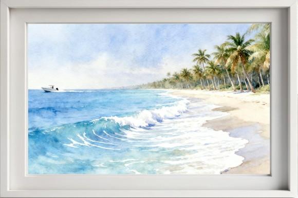 Quadro Praia Aquarela - Mar Azul Coqueiros Barco 35