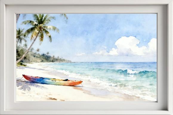 Quadro Praia Aquarela - Mar Azul Coqueiros Barco 34