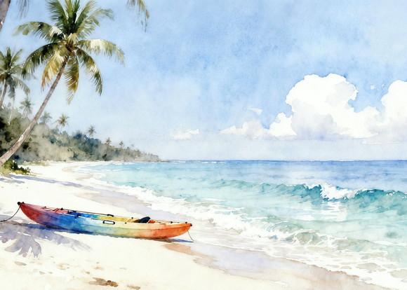 Quadro Praia Aquarela - Mar Azul Coqueiros Barco 34