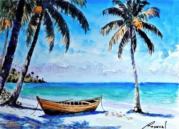 Quadro Praia Aquarela - Mar Azul Coqueiros Barco 40