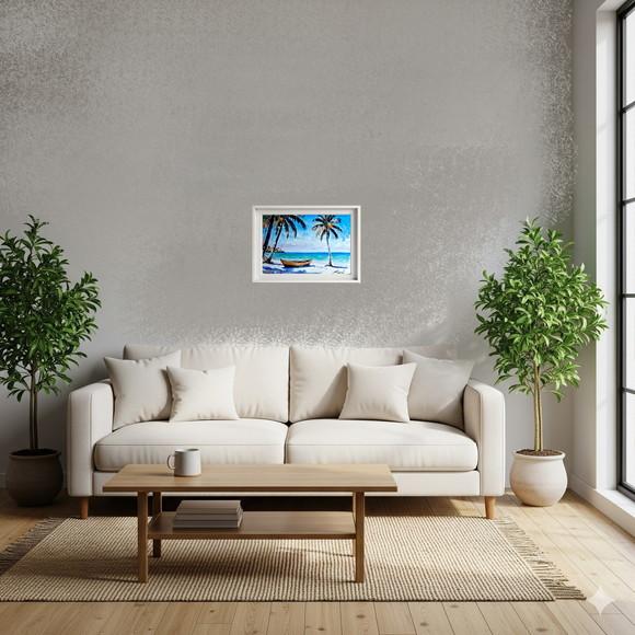 Quadro Praia Aquarela - Mar Azul Coqueiros Barco 40