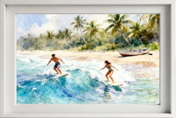 Quadro Praia Aquarela - Mar Azul Coqueiros Barco Surfe 37