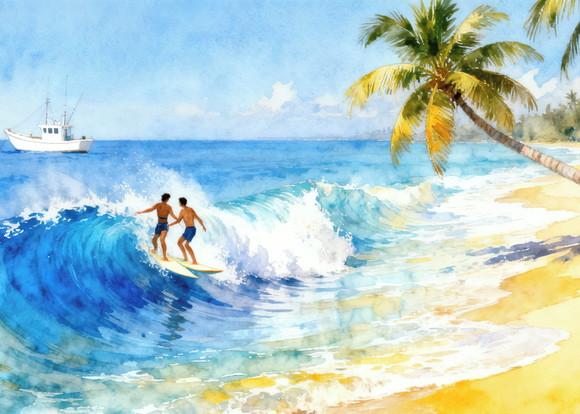 Quadro Praia Aquarela - Mar Azul Coqueiros Barco Surfe 36