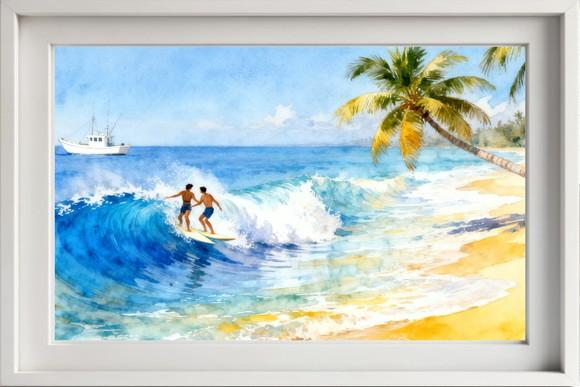 Quadro Praia Aquarela - Mar Azul Coqueiros Barco Surfe 36