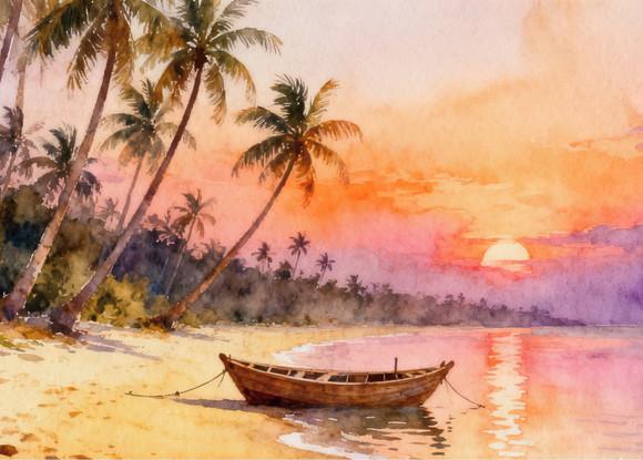 Quadro Praia Aquarela - Por do Sol Coqueiros Barco 22