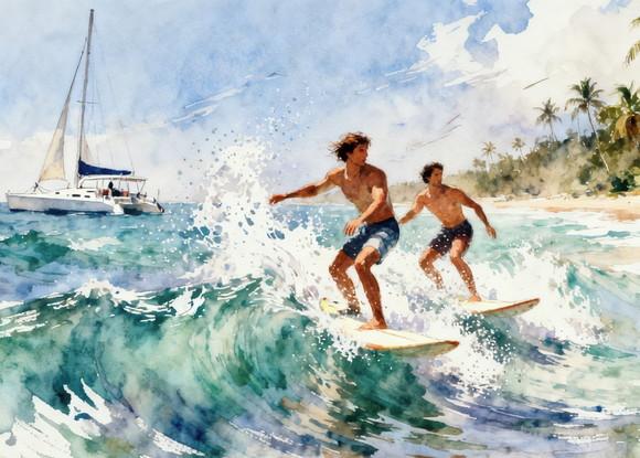 Quadro Praia Aquarela - Mar Azul Coqueiros Barco Surfe 38