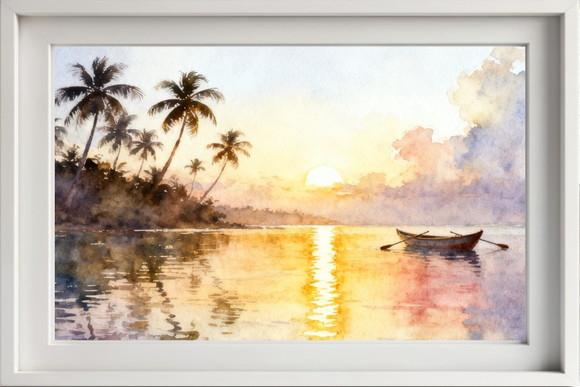 Quadro Praia Aquarela - Por do Sol Coqueiros Barco 25
