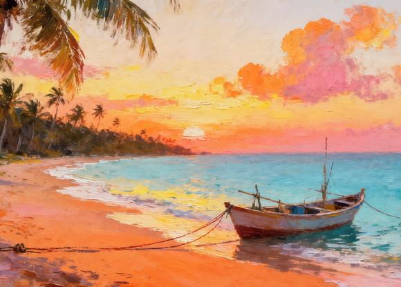 Quadro Praia Aquarela - Por do Sol Coqueiros Barco 24
