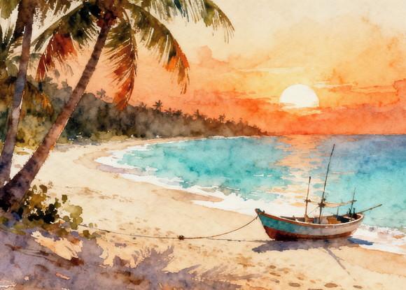 Quadro Praia Aquarela - Por do Sol Coqueiros Barco 26