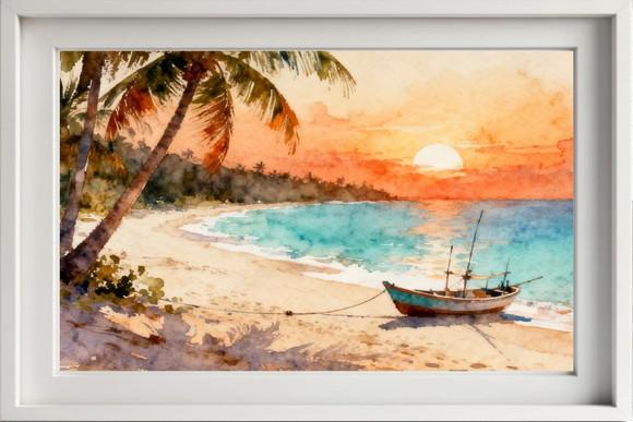 Quadro Praia Aquarela - Por do Sol Coqueiros Barco 26