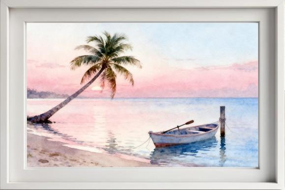Quadro Praia Aquarela - Por do Sol Coqueiros Barco 28