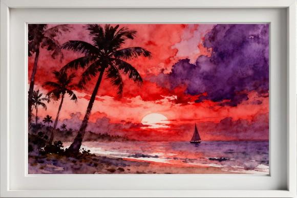 Quadro Praia Aquarela - Por do Sol Coqueiros Barco 28