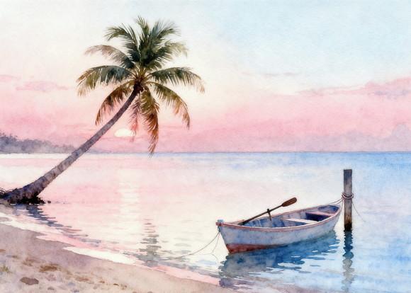 Quadro Praia Aquarela - Por do Sol Coqueiros Barco 28