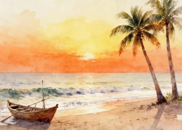 Quadro Praia Aquarela - Por do Sol Coqueiros Barco 27