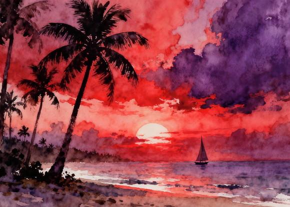 Quadro Praia Aquarela - Por do Sol Coqueiros Barco 28
