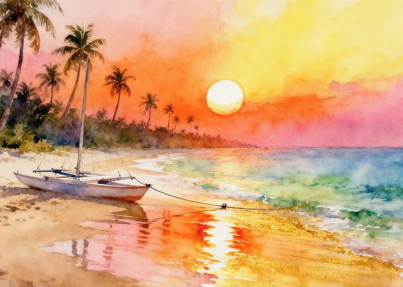 Quadro Praia Aquarela - Por do Sol Coqueiros Barco 30