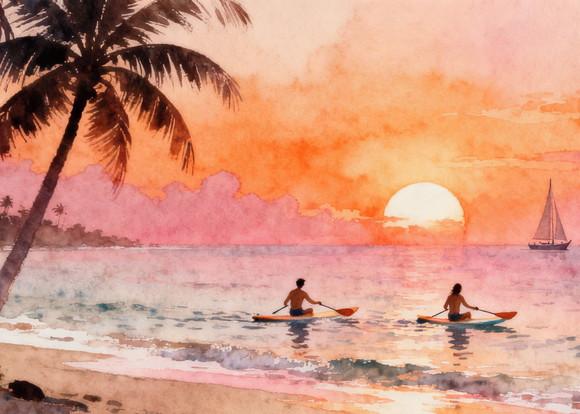 Quadro Praia Aquarela - Por do Sol Coqueiros Barco 31