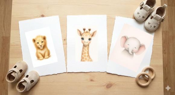 Trio Quadros Aquarela Safári Baby, Impressão Papel Canson A4