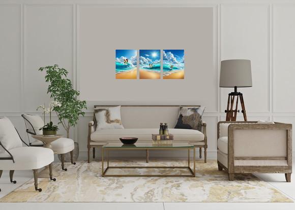 Trio Quadros Decorativos Praia e Surf Paisagem Sol 20x28cm