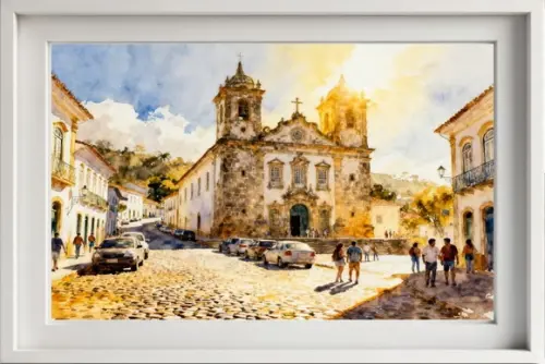 Kit 2 Quadros Aquarela Ouro Preto Mg - Frete Único 1-2