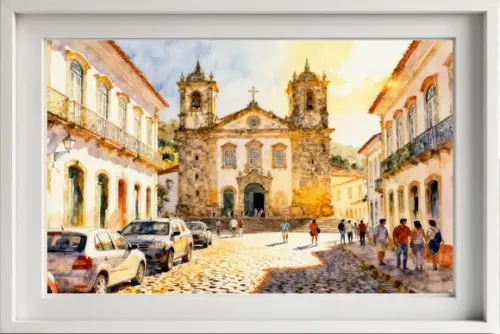 Kit 2 Quadros Aquarela Ouro Preto Mg - Frete Único 3-4
