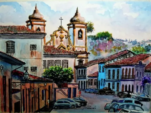 Paisagem de Ouro Preto Aquarela - Decoração Sala, Escrit. 01