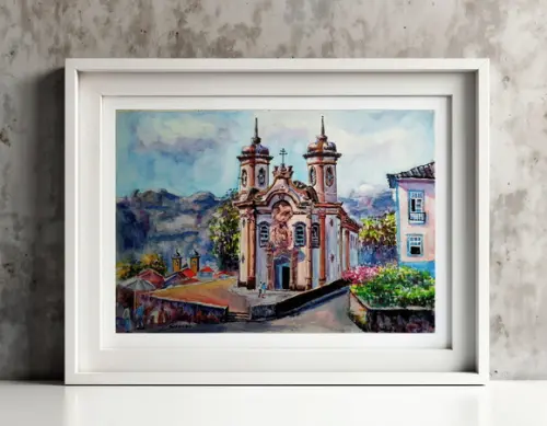 Paisagem de Ouro Preto Aquarela - Decoração Sala, Escrit.