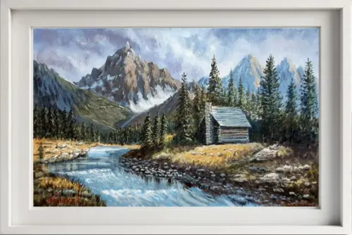 Pintura Acrílica Sobre Tela - Paisagem, Montanhas, Rio.