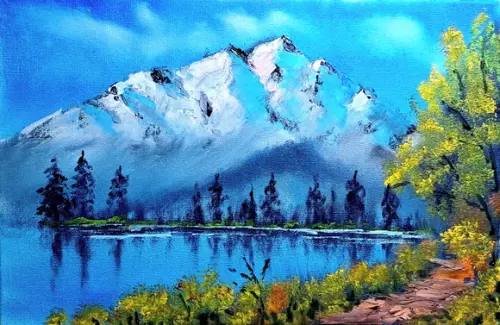 Pintura Decorativa Tela - Paisagem, Montanhas, Árvores, Lago