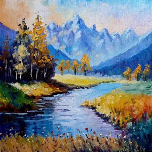 Pintura Óleo Sobre Tela - Paisagem, Montanhas, Árvores, Rio.