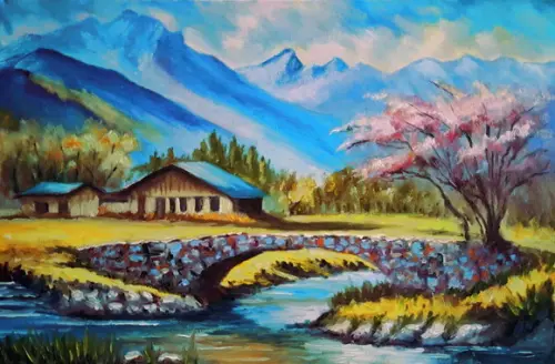 Pintura Óleo Sobre Tela - Paisagem, Montanhas, Casas, Rio.
