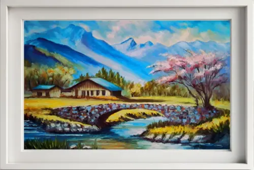Pintura Óleo Sobre Tela - Paisagem, Montanhas, Casas, Rio.