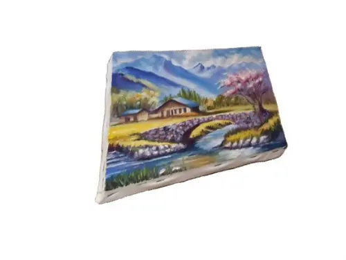 Pintura Óleo Sobre Tela - Paisagem, Montanhas, Casas, Rio.